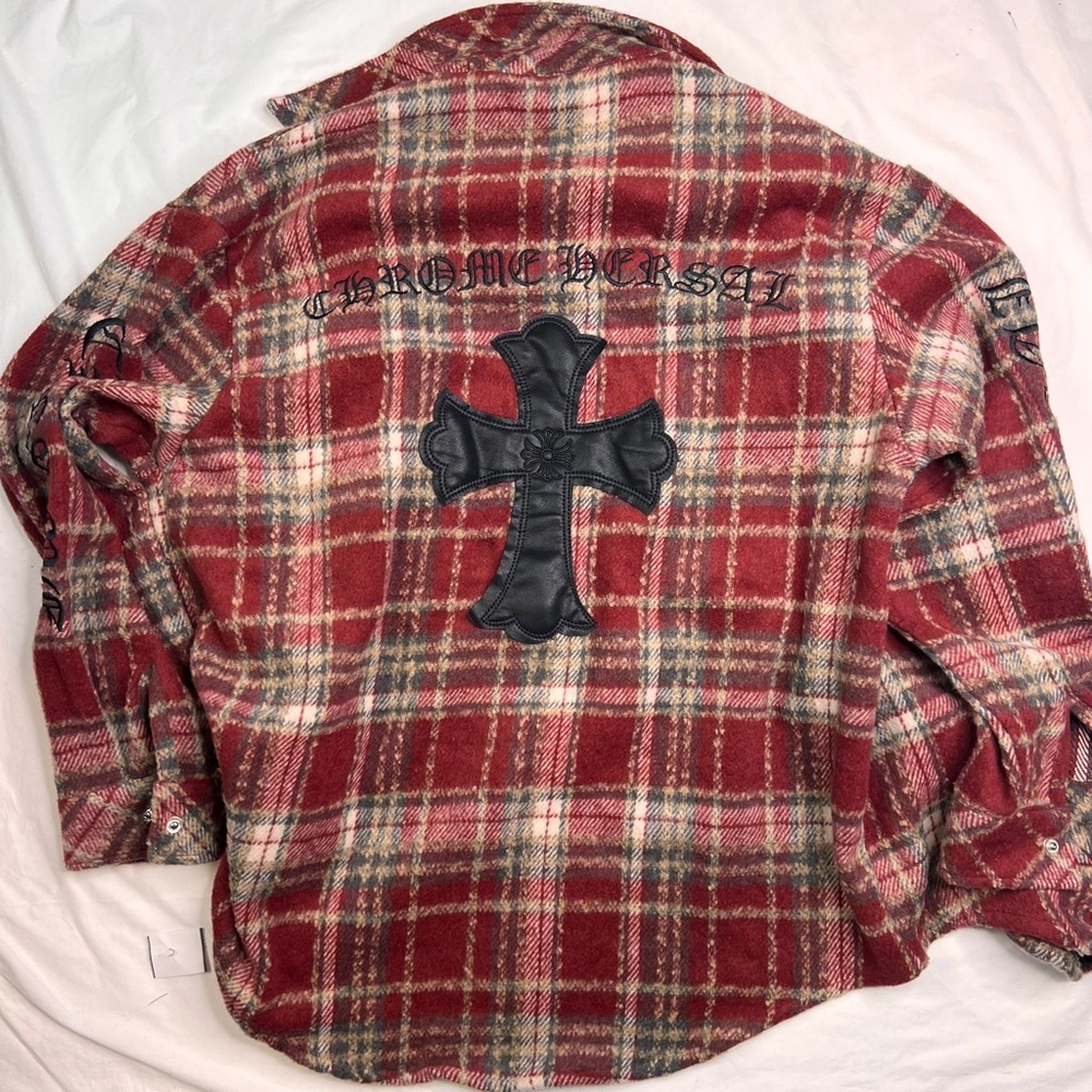Chrome Hearts Red Plaid Button-Down Shirt with Black Cross Patch